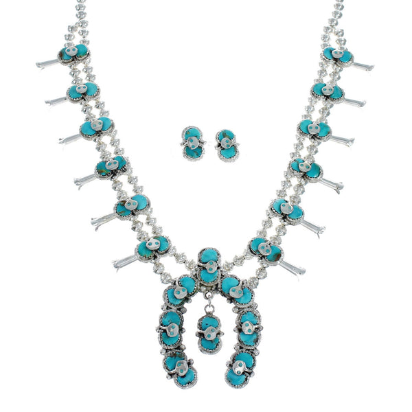 Effie Calavaza Zuni Turquoise Snake Squash Blossom Necklace Set SN20284